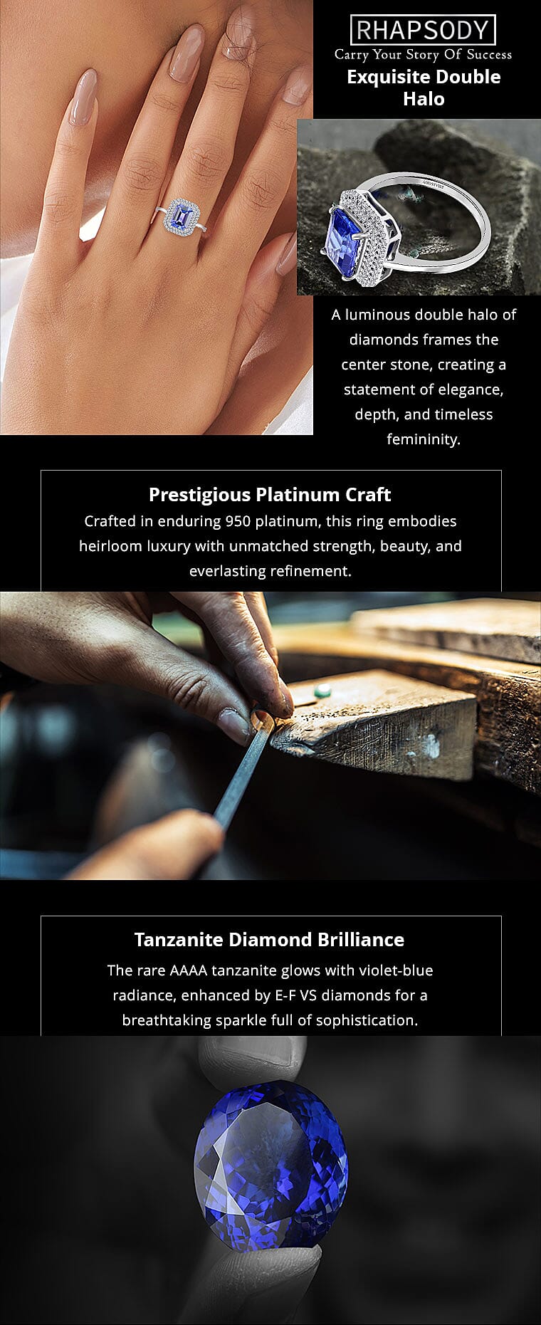 Certified and Appraised Rhapsody 950 Platinum AAAA Tanzanite and E-F VS Diamond Double Halo Ring 6.15 Grams 3.00 ctw (Del. in 10-15 Days) Banner