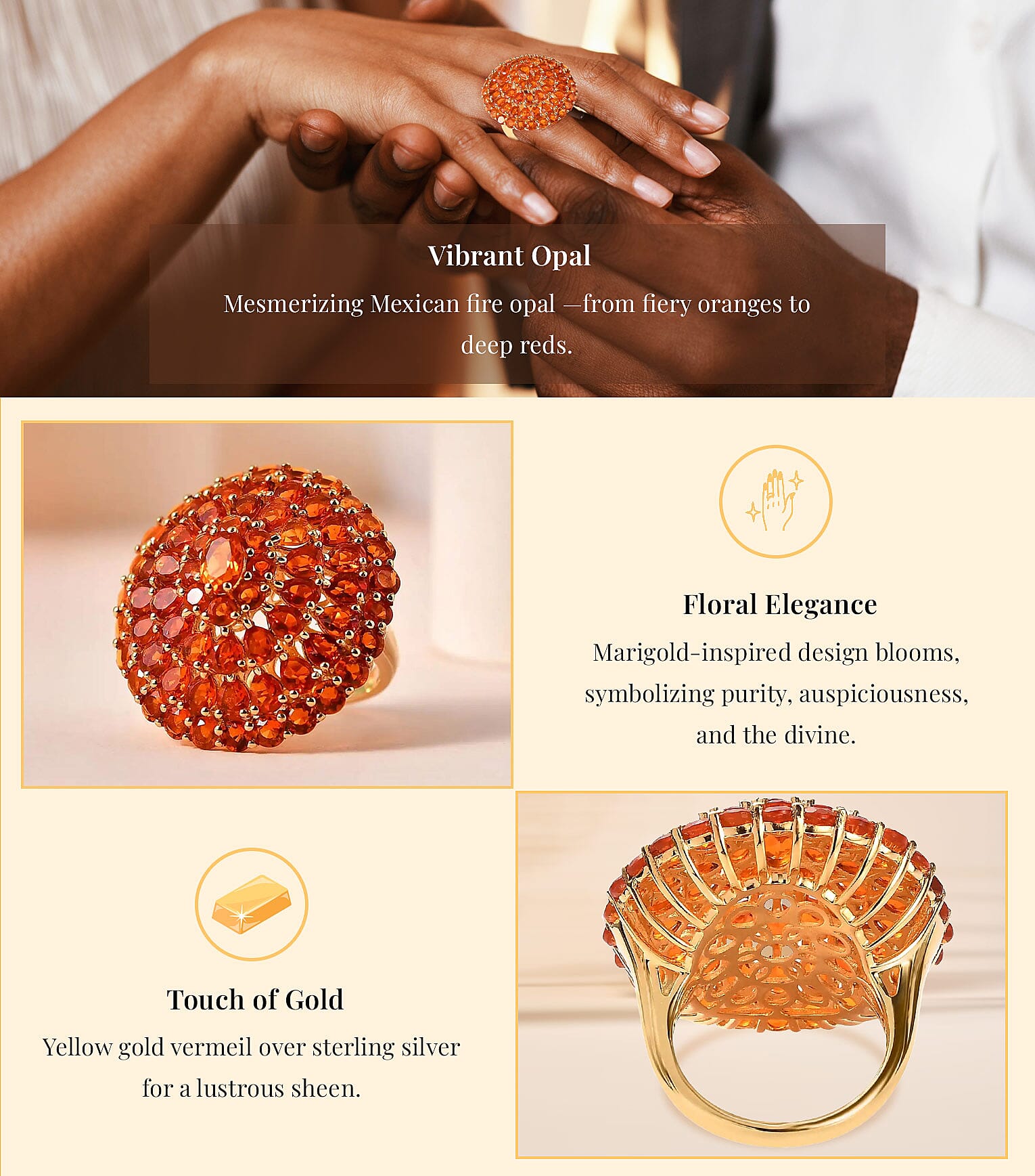 Mexican Fire Opal Floral Ring in Vermeil Yellow Gold Over Sterling Silver Banner