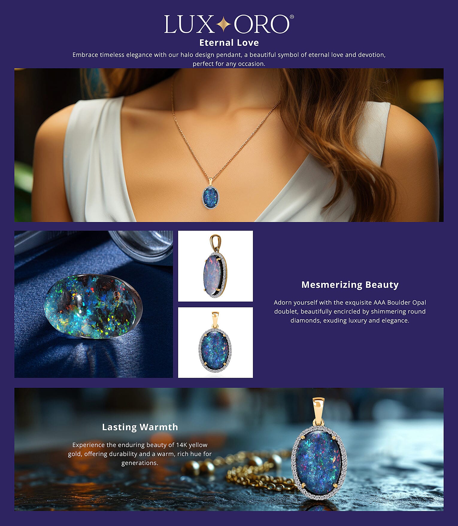 Luxoro AAA Boulder Opal Doublet and Diamond 5.75 ctw Halo Pendant in 14K Yellow Gold Banner