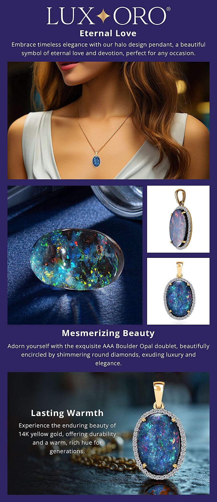 Luxoro AAA Boulder Opal Doublet and Diamond 5.75 ctw Halo Pendant in 14K Yellow Gold Banner