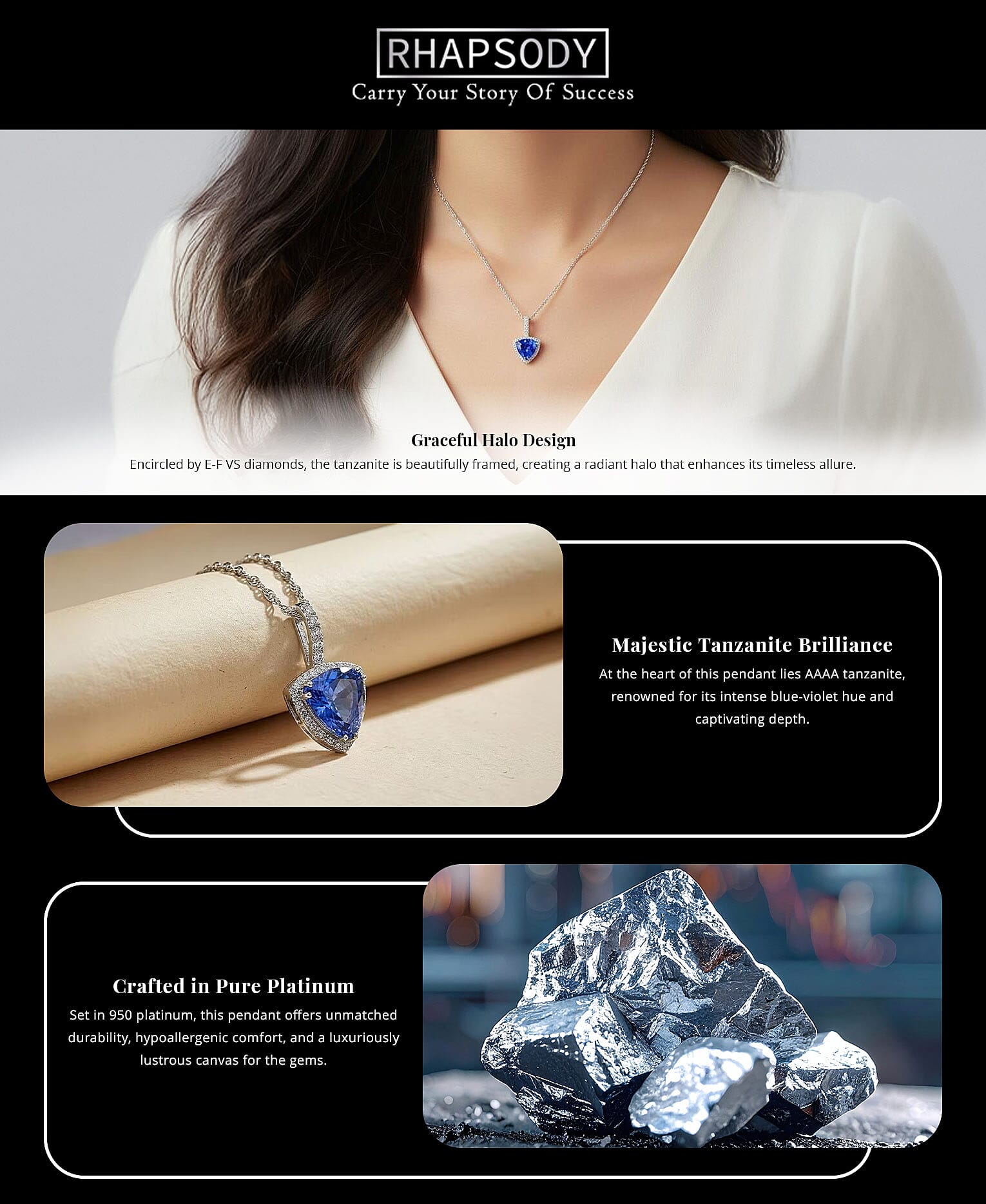 Certified & Appraised Rhapsody AAAA Tanzanite and E-F VS Diamond 3.75 ctw Halo Pendant without Chain in 950 Platinum Banner