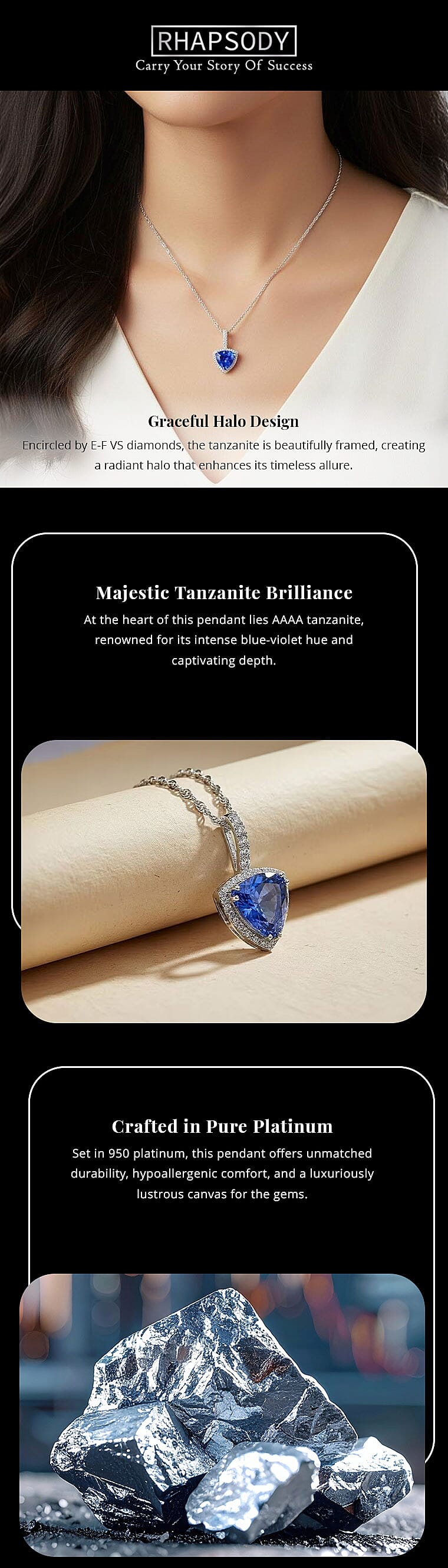 Certified & Appraised Rhapsody AAAA Tanzanite and E-F VS Diamond 3.75 ctw Halo Pendant without Chain in 950 Platinum Banner