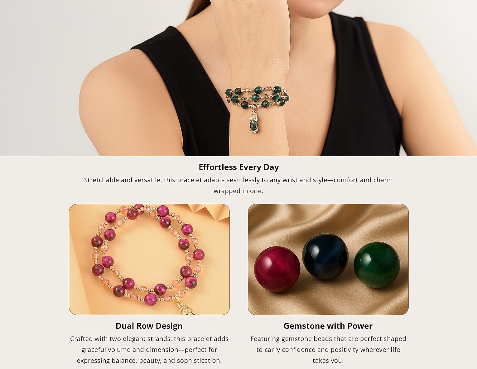 Enhanced Green Tiger's Eye and Multi Color Glass 73.00 ctw Two Row Stretch Bracelet in Goldtone Banner
