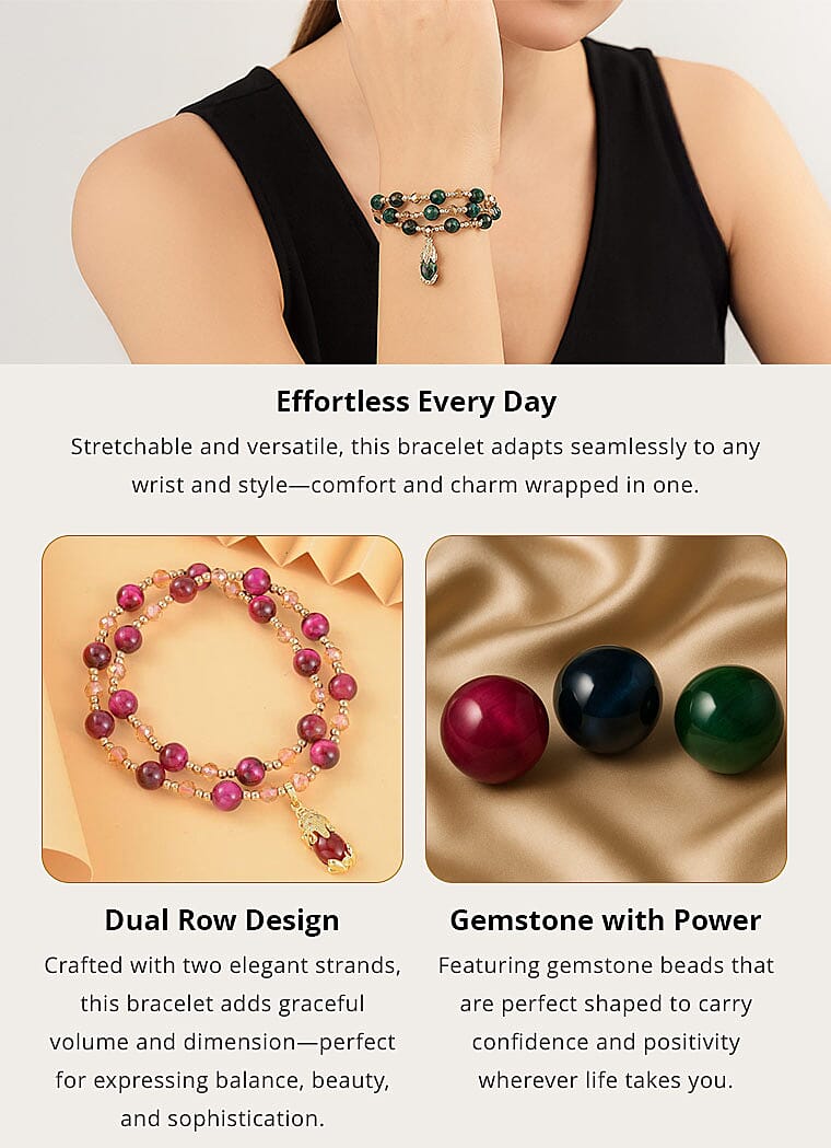 Enhanced Green Tiger's Eye and Multi Color Glass 73.00 ctw Two Row Stretch Bracelet in Goldtone Banner