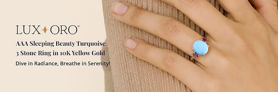 Luxoro AAA Sleeping Beauty Turquoise 3 Stone Ring in 10K Yellow Gold Banner