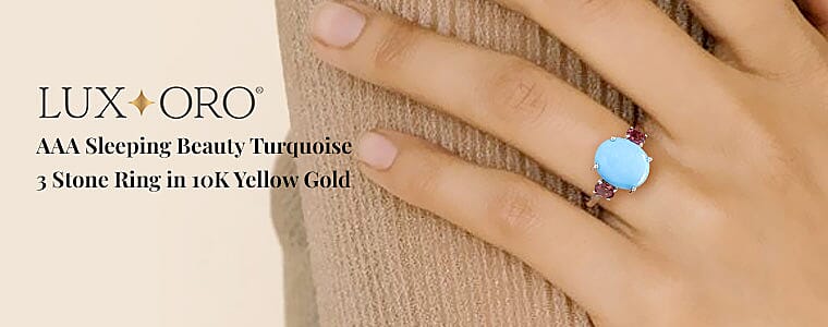 Luxoro AAA Sleeping Beauty Turquoise 3 Stone Ring in 10K Yellow Gold Banner