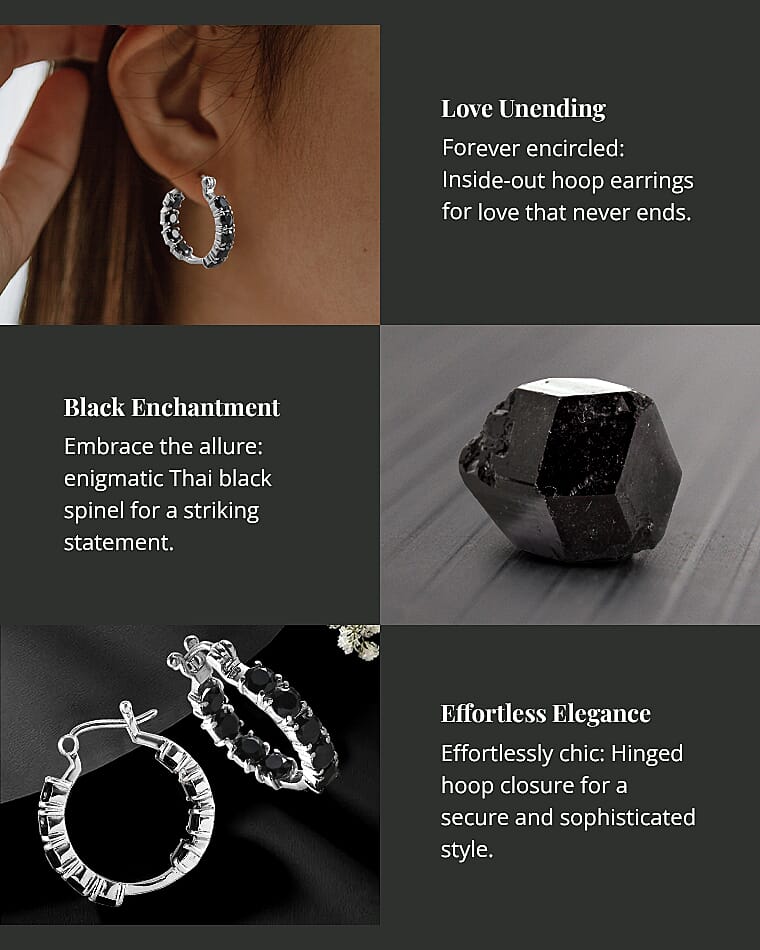 Thai Black Spinel Hoop Earrings in Stainless Steel Banner