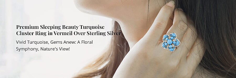 Premium Sleeping Beauty Turquoise Cluster Ring in Vermeil Over Sterling Silver Banner