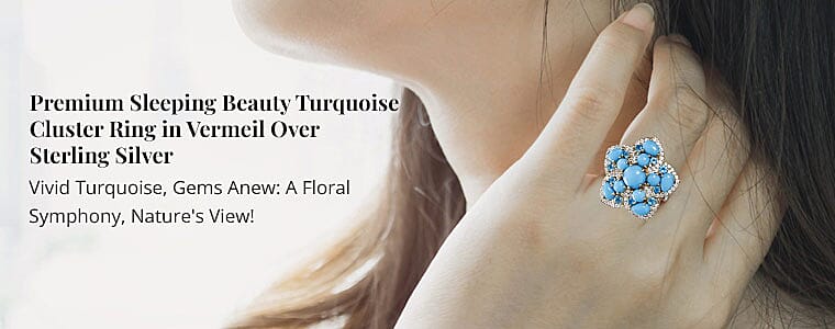 Premium Sleeping Beauty Turquoise Cluster Ring in Vermeil Over Sterling Silver Banner