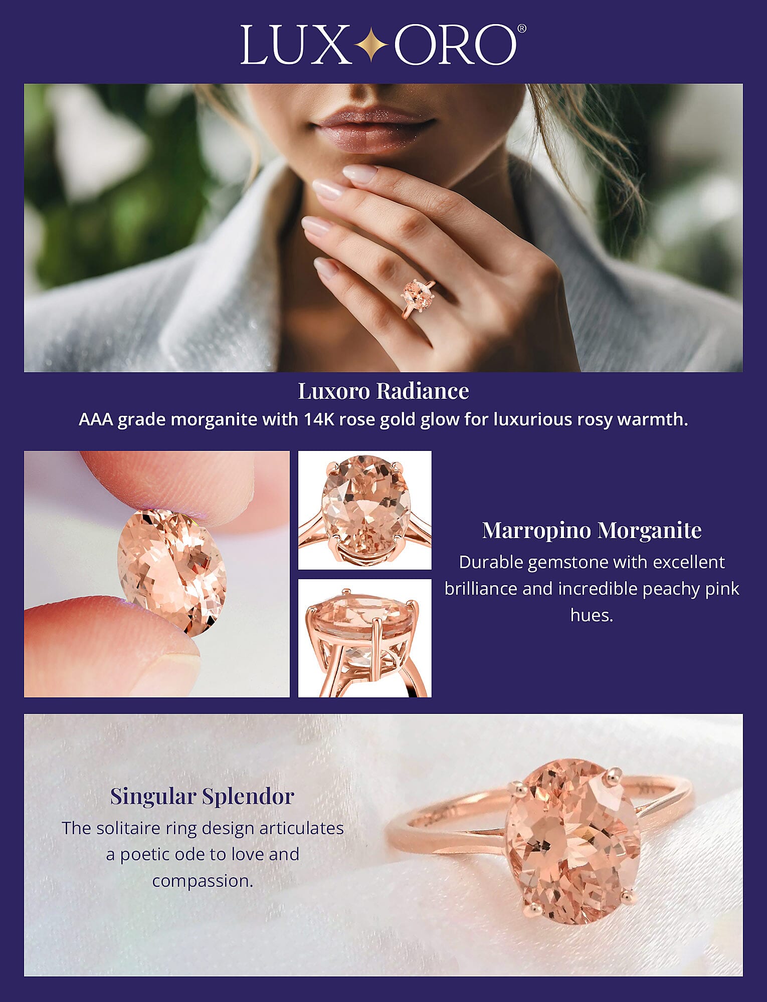 Luxoro AAA Marropino Morganite Solitaire Ring Banner