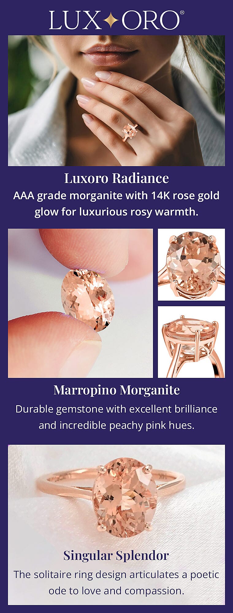 Luxoro AAA Marropino Morganite Solitaire Ring Banner