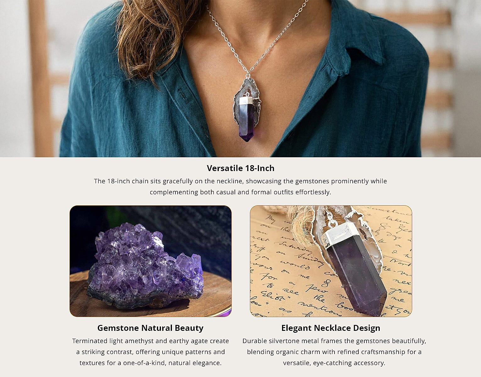 Made in Brazil Agate Occo and Terminated Light Amethyst 67.50 ctw Necklace in Silvertone 18 Inches Banner