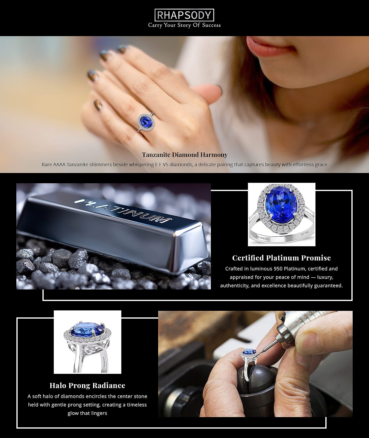 Certified & Appraised Rhapsody 950 Platinum AAAA Tanzanite and E-F VS Diamond Halo Ring 6.40 Grams Banner