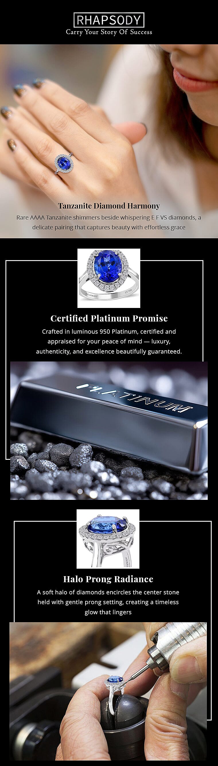 Certified & Appraised Rhapsody 950 Platinum AAAA Tanzanite and E-F VS Diamond Halo Ring 6.40 Grams Banner