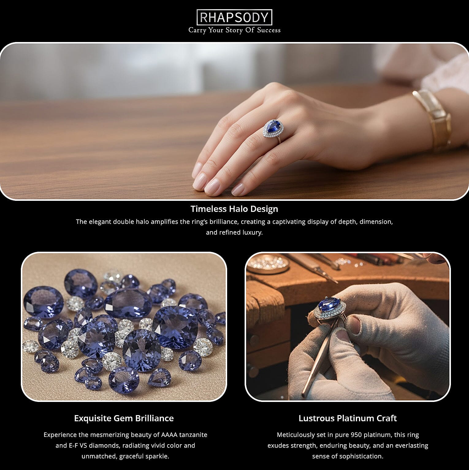 Certified & Appraised Rhapsody 950 Platinum AAAA Tanzanite and E-F VS Diamond Double Halo Ring 9.10 Grams 7.85 ctw Banner