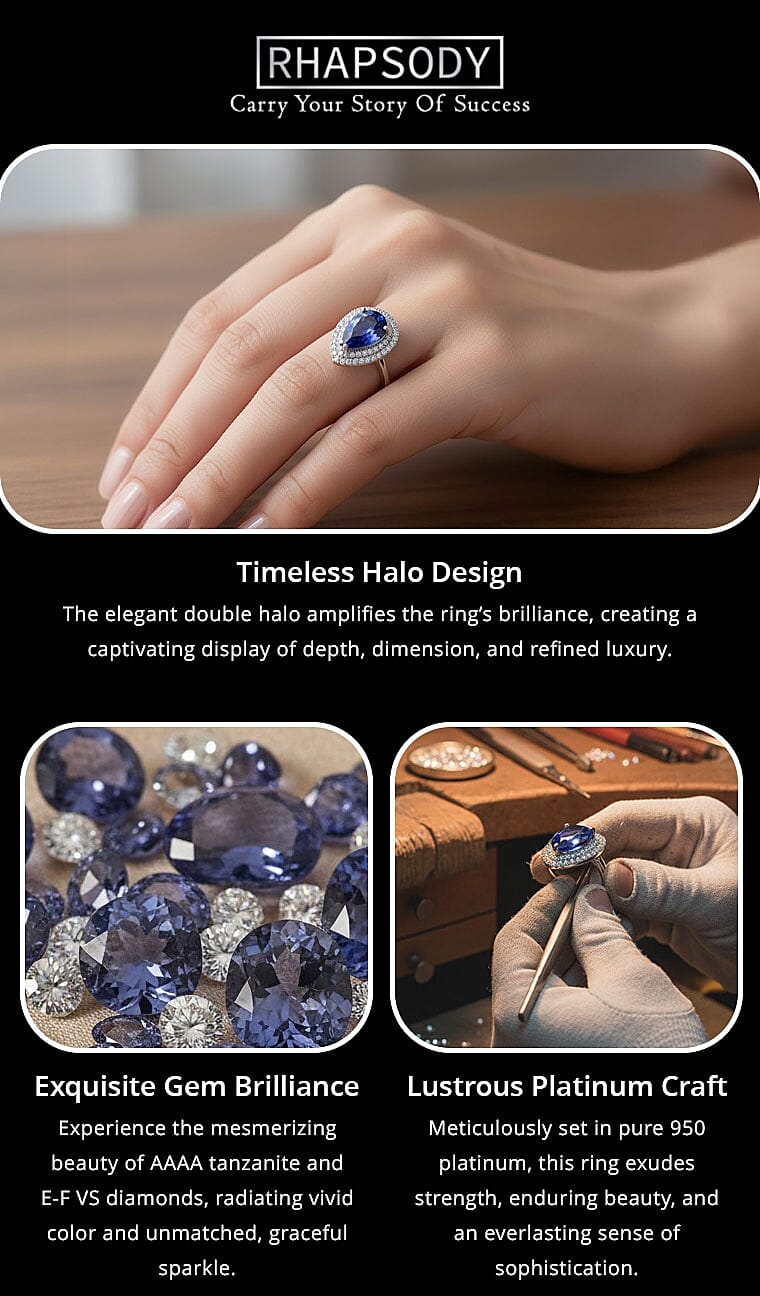 Certified & Appraised Rhapsody 950 Platinum AAAA Tanzanite and E-F VS Diamond Double Halo Ring 9.10 Grams 7.85 ctw Banner