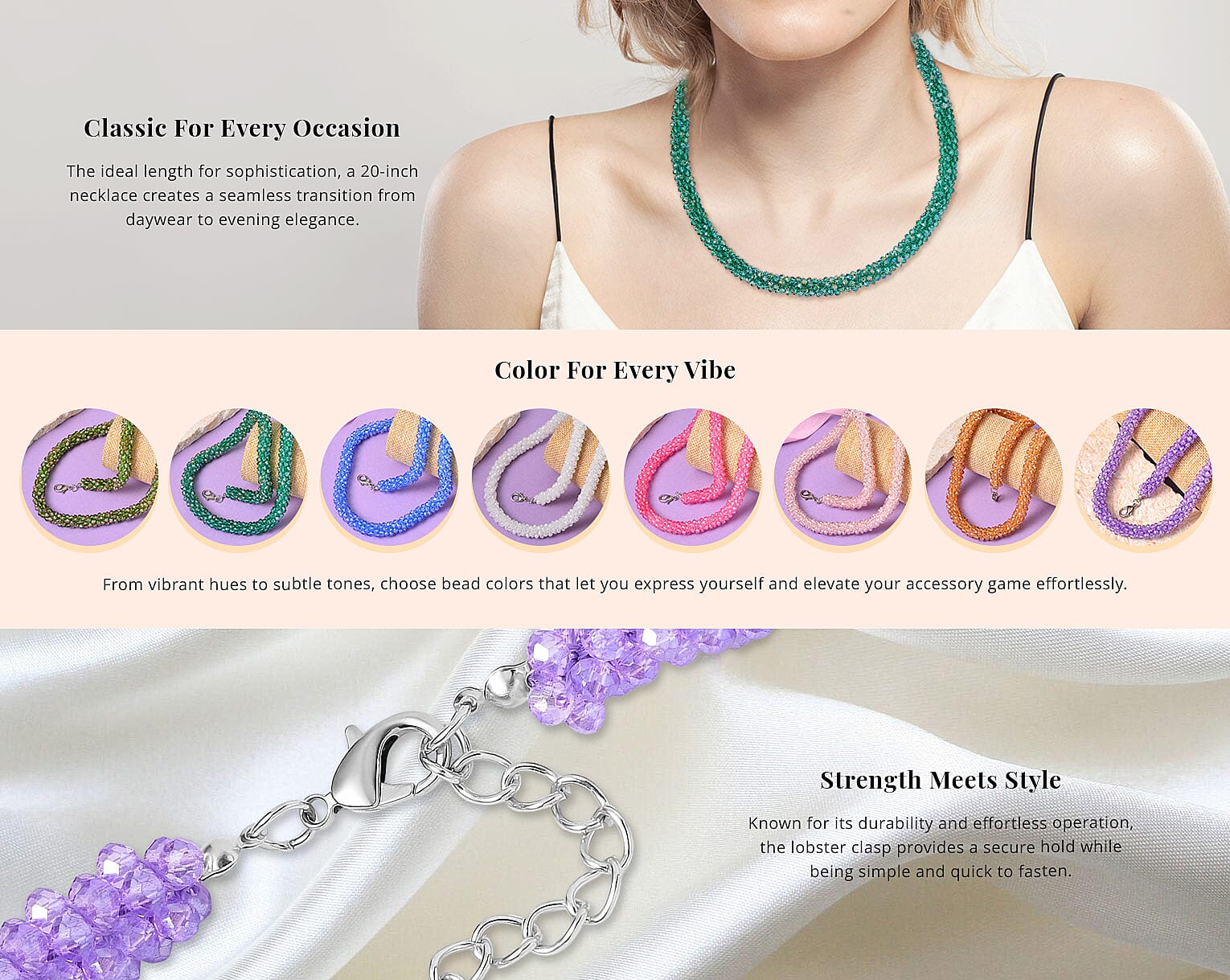 Green Magic Color Glass Beaded Necklace in Silvertone Necklace Banner