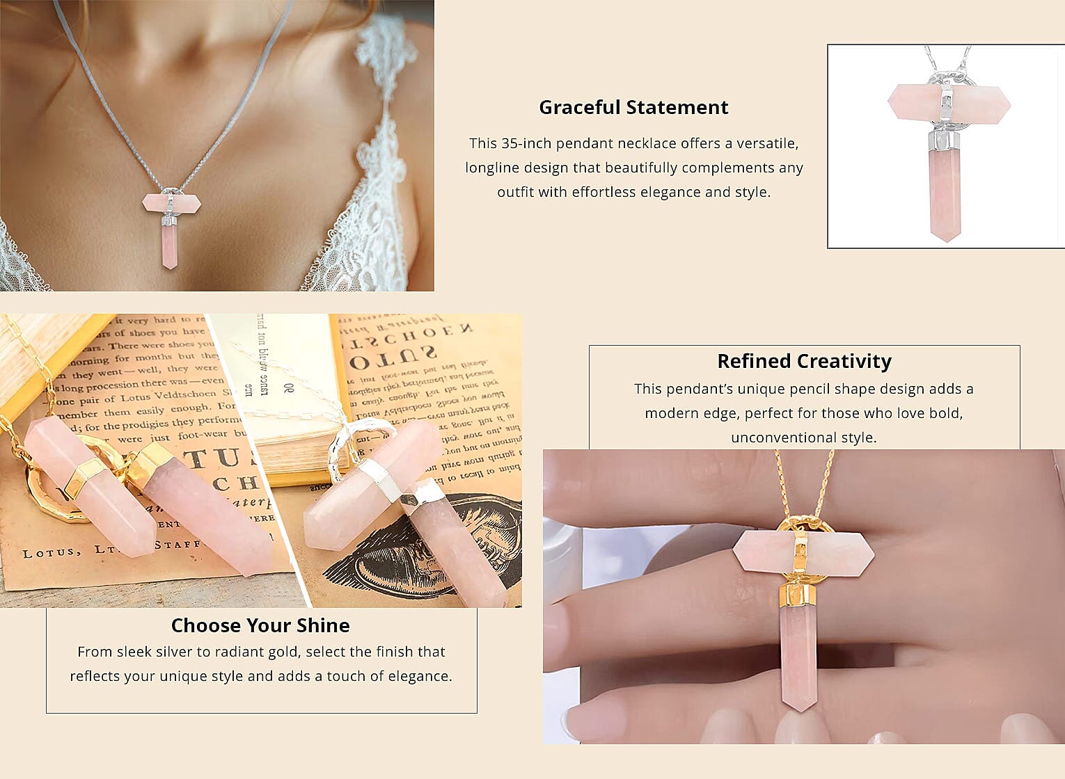 Galilea Rose Quartz 116.50 ctw Pencil Shape Pendant Necklace Banner