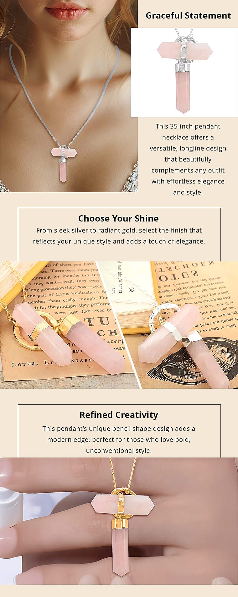 Galilea Rose Quartz 116.50 ctw Pencil Shape Pendant Necklace Banner