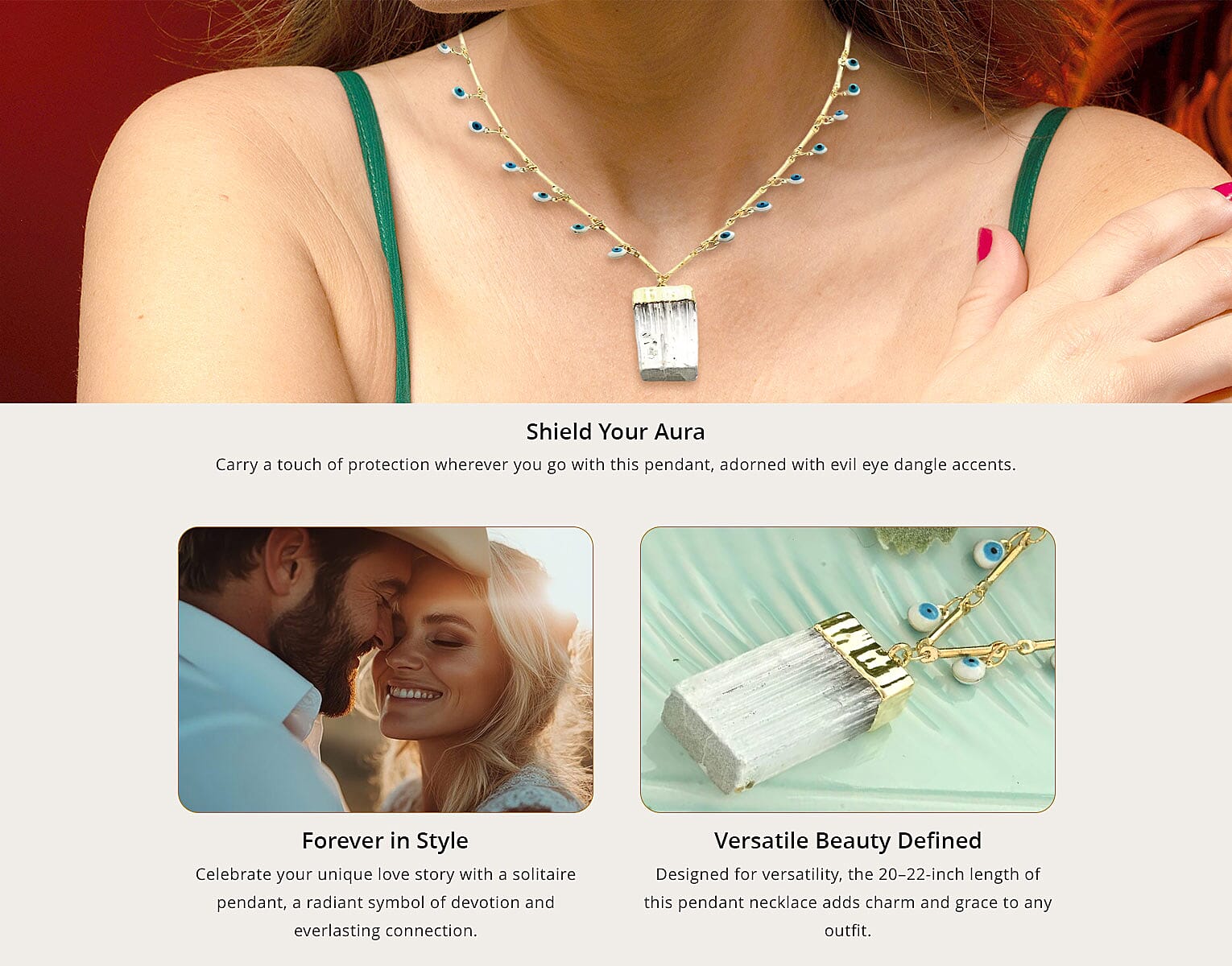 Selenite 24.50 ctw Evil Eye 20-22 Inch Adjustable Pendant Necklace in Goldtone Banner