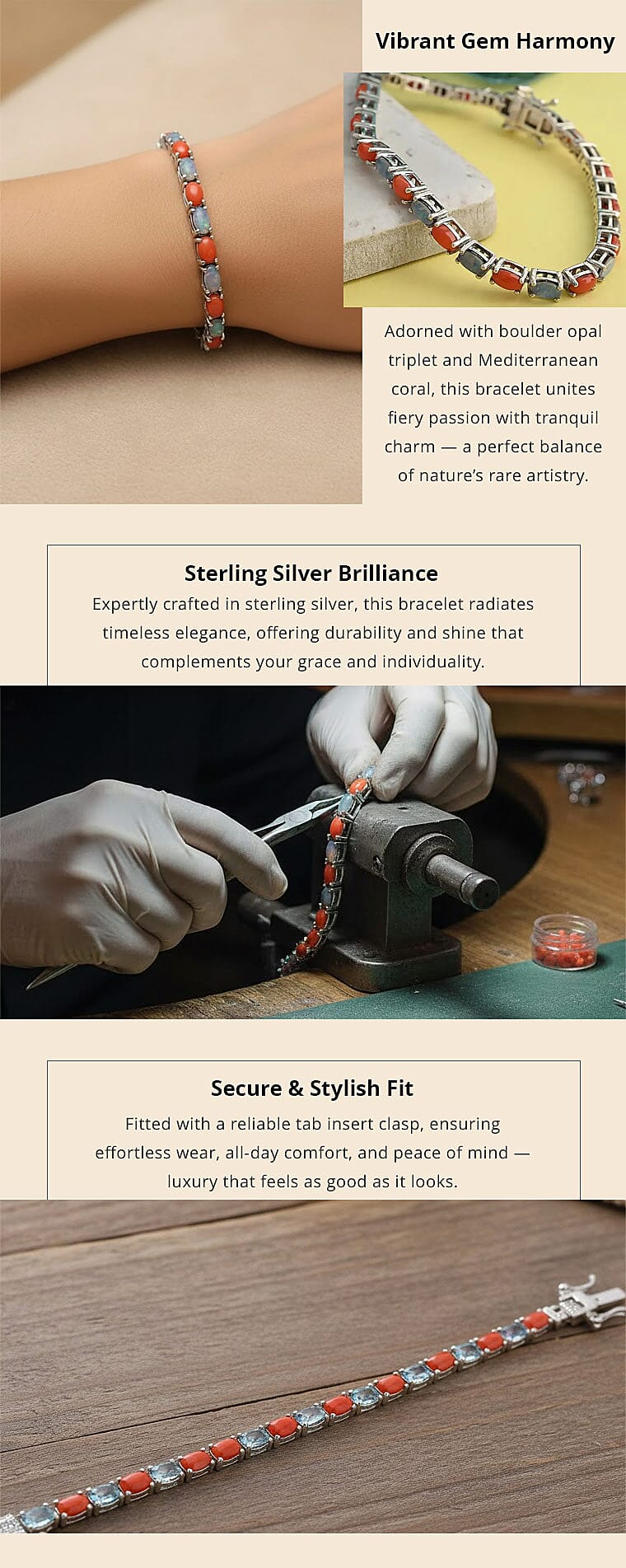 Boulder Opal Triplet and Mediterranean Coral 7.25 ctw Tennis Bracelet in Rhodium Over Sterling Silver (7.25 In) Banner