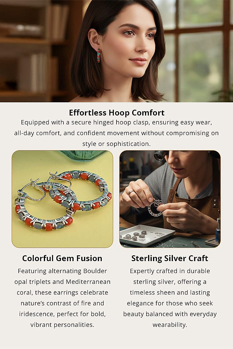 Boulder Opal Triplet and Mediterranean Coral 5.75 ctw Hoop Earrings in Rhodium Over Sterling Silver 7.10 Grams Banner