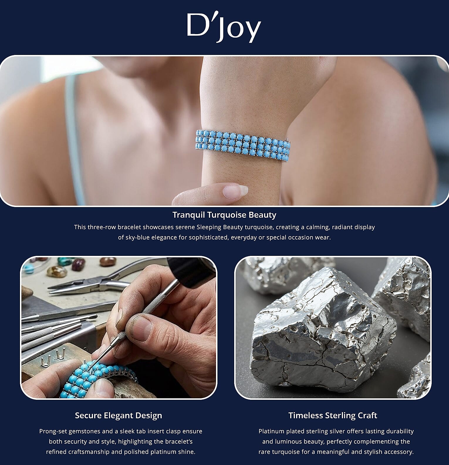 D'Joy Premium Sleeping Beauty Turquoise 29.00 ctw 3 Row Bracelet in Platinum Over Sterling Silver (7.25 In) Banner