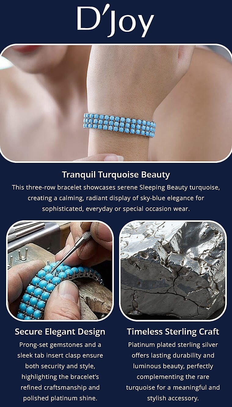 D'Joy Premium Sleeping Beauty Turquoise 29.00 ctw 3 Row Bracelet in Platinum Over Sterling Silver (7.25 In) Banner