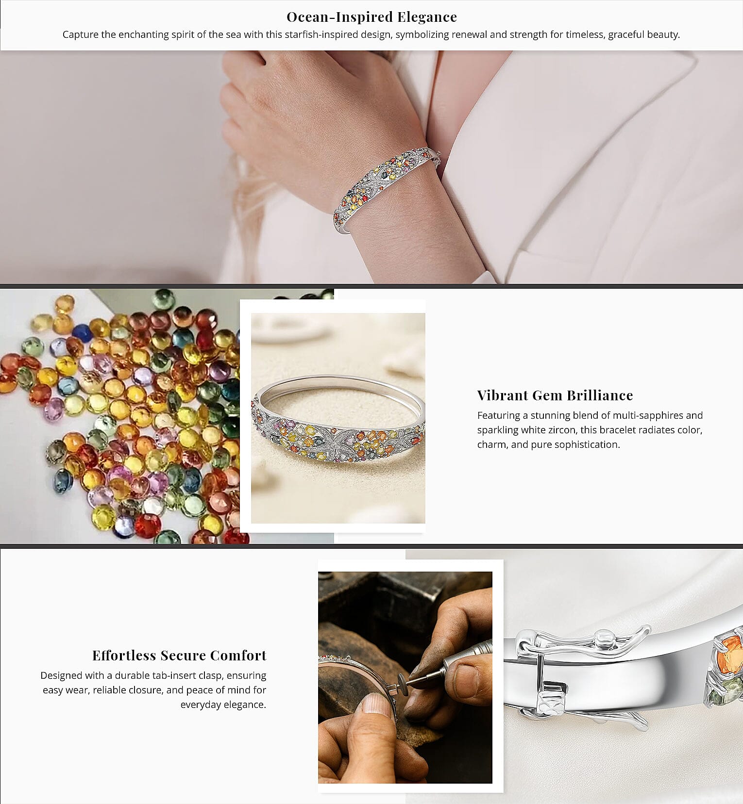 Rainbow Sapphire and White Zircon 7.30 ctw Starfish Bangle Bracelet in Rhodium Over Sterling Silver (7.50 In) Banner