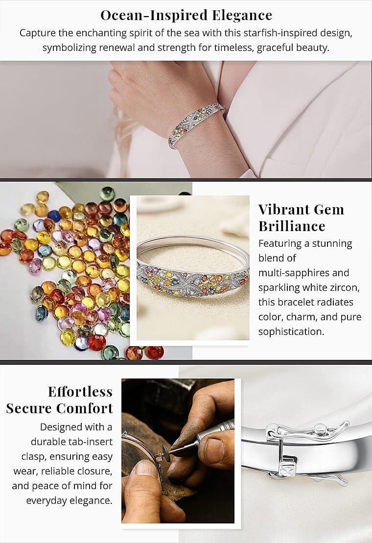 Rainbow Sapphire and White Zircon 7.30 ctw Starfish Bangle Bracelet in Rhodium Over Sterling Silver (7.50 In) Banner