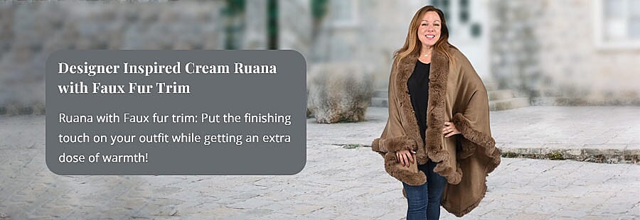 Designer Inspired Cream Ruana with Faux Fur Trim Banner
