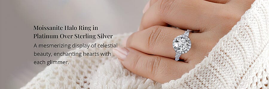 Moissanite Halo Ring in Platinum Over Sterling Silver Banner