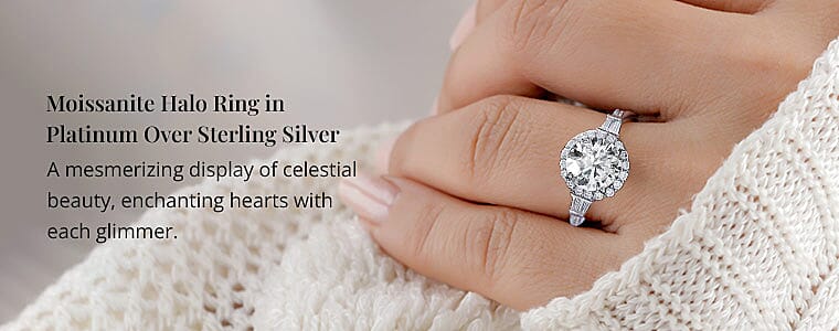 Moissanite Halo Ring in Platinum Over Sterling Silver Banner