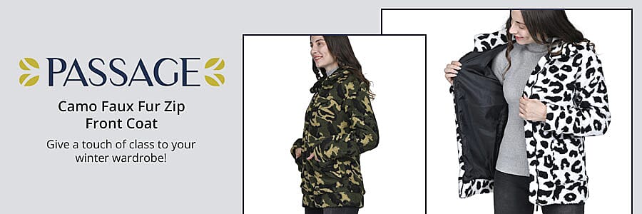 PASSAGE Camo Faux Fur Zip Front Coat Banner
