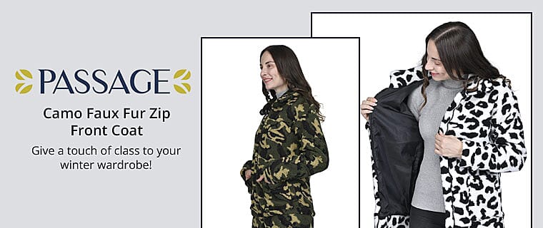 PASSAGE Camo Faux Fur Zip Front Coat Banner