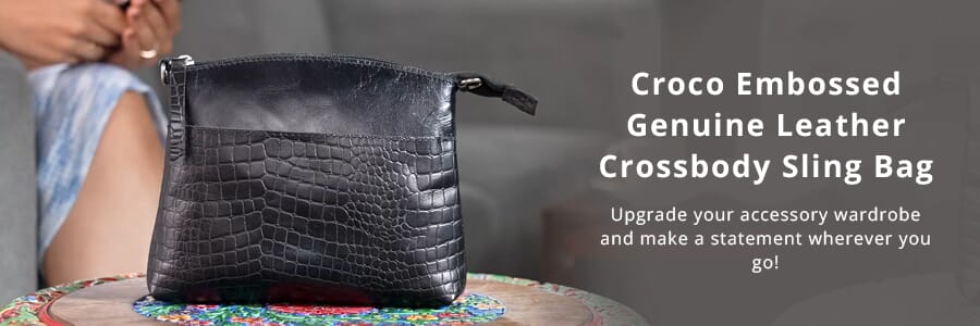 Buy Black Croco Embossed Genuine Leather Crossbody Sling Bag at ShopLC.