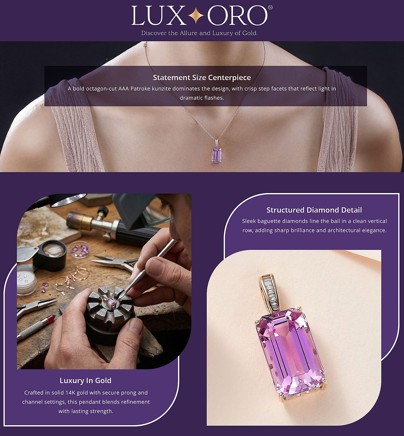 Luxoro AAA Patroke Kunzite 9.05 ctw and G-H SI Diamond Pendant in 14K Rose Gold Banner