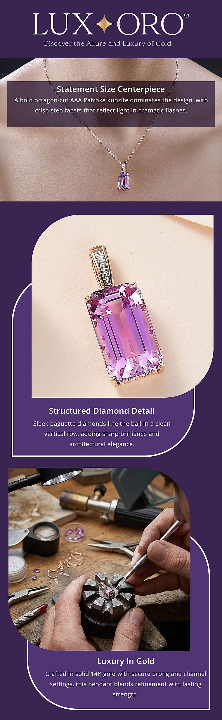 Luxoro AAA Patroke Kunzite 9.05 ctw and G-H SI Diamond Pendant in 14K Rose Gold Banner