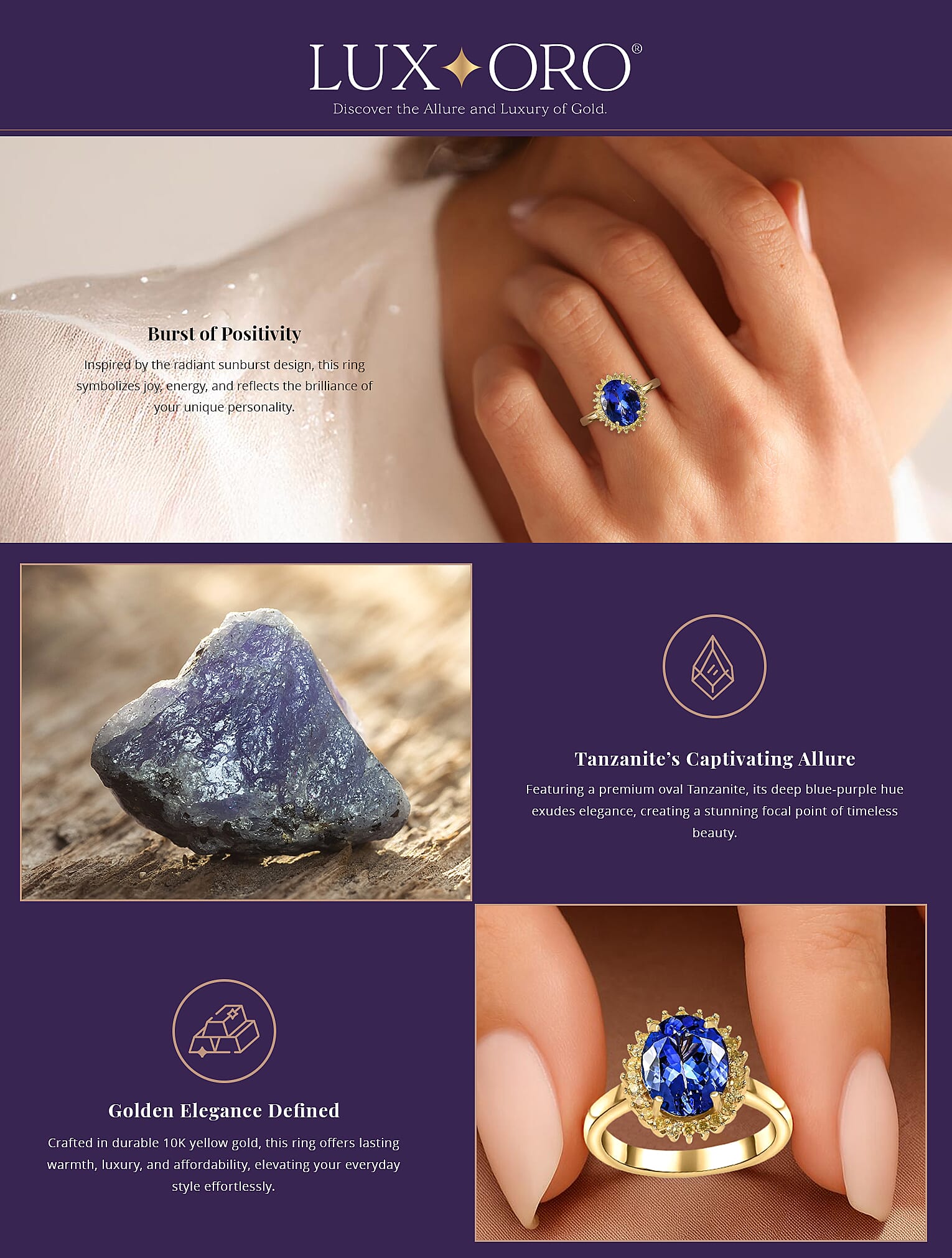 Luxoro 10K Yellow Gold Premium Tanzanite and I3 Natural Yellow Diamond Banner