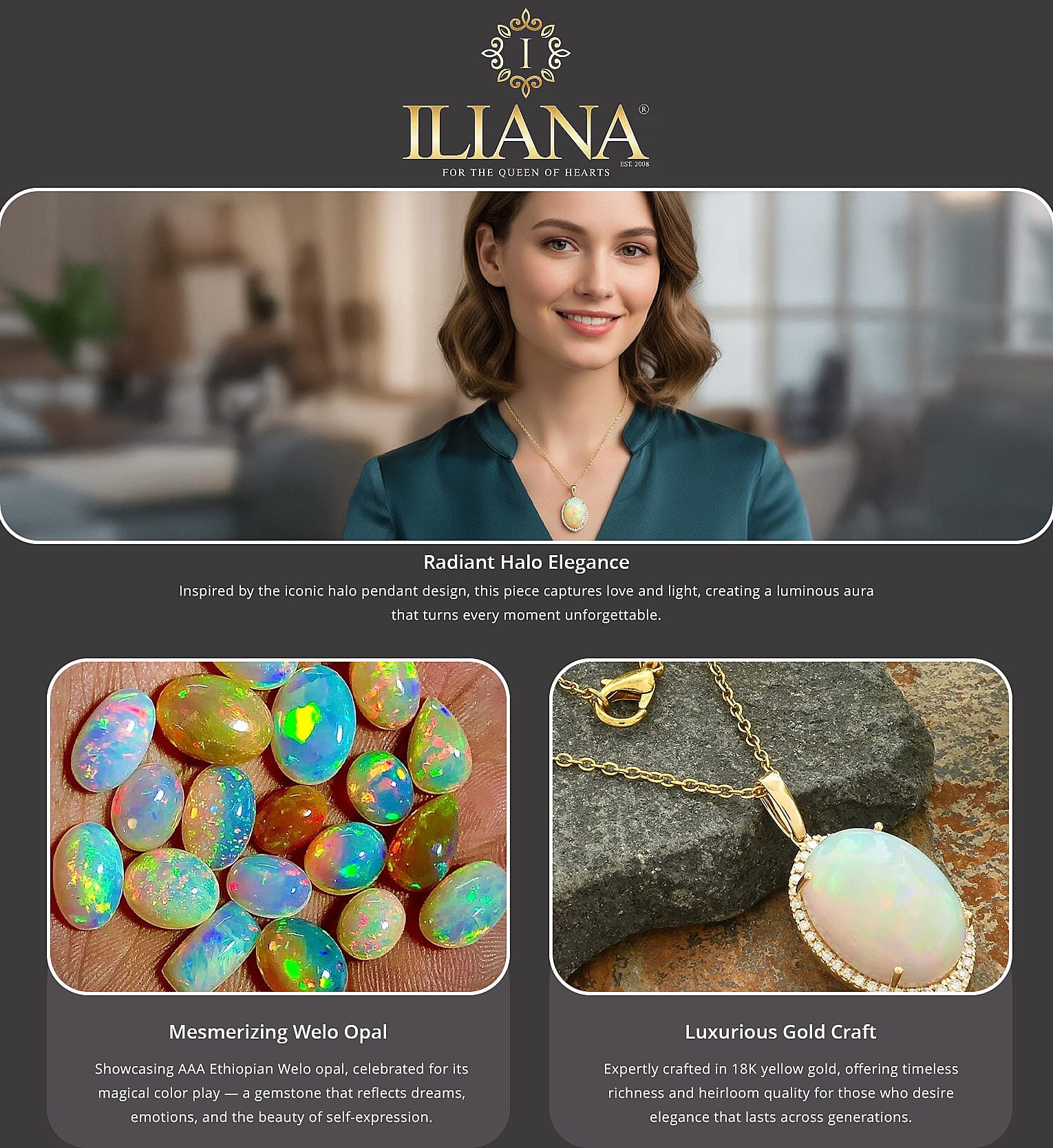 Certified & Appraised Iliana AAA Ethiopian Welo Opal and G-H SI White Diamond 11.00 ctw Pendant without Chain in 18K Yellow Gold Banner