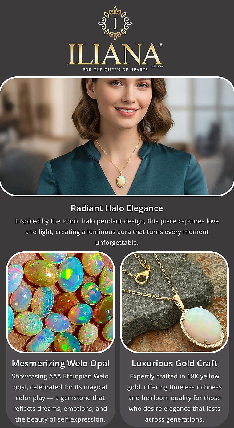 Certified & Appraised Iliana AAA Ethiopian Welo Opal and G-H SI White Diamond 11.00 ctw Pendant without Chain in 18K Yellow Gold Banner