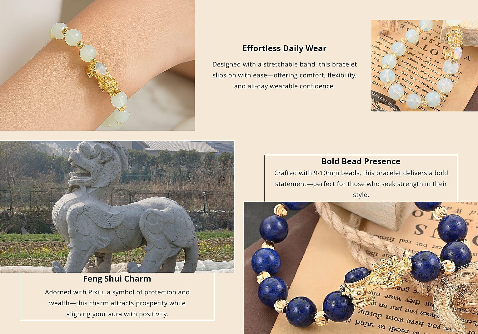 Pixiu Feng Shui Opalite 9-10mm 94.65 ctw Beaded Bracelet in Goldtone (6.50-7.00In) Banner