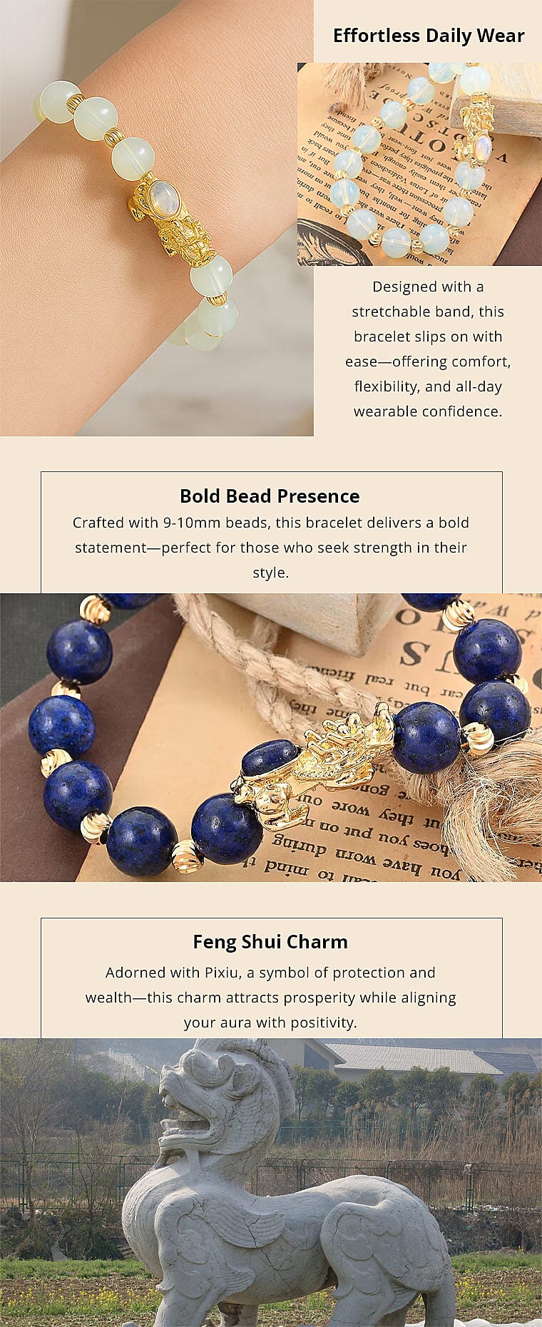 Pixiu Feng Shui Opalite 9-10mm 94.65 ctw Beaded Bracelet in Goldtone (6.50-7.00In) Banner