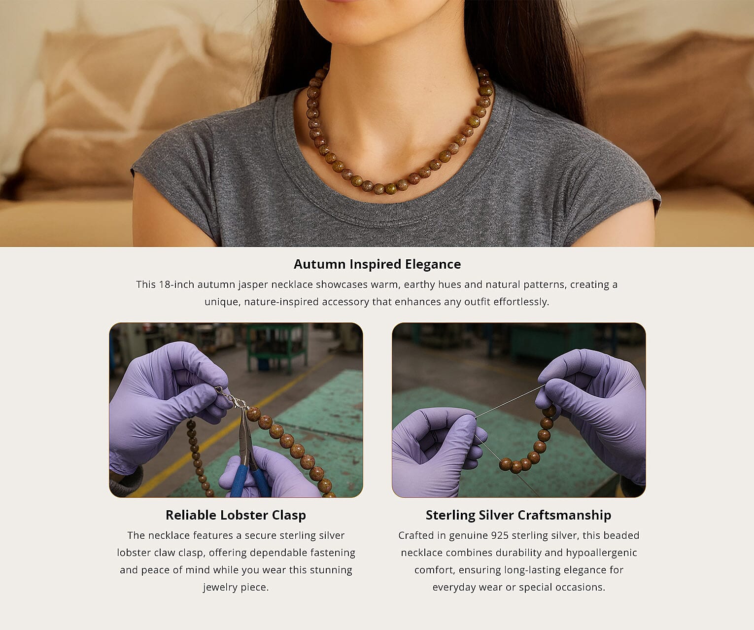 Autumn Jasper 10mm 3.00 ctw Beaded Jasper Necklace 18 Inches in Sterling Silver Banner