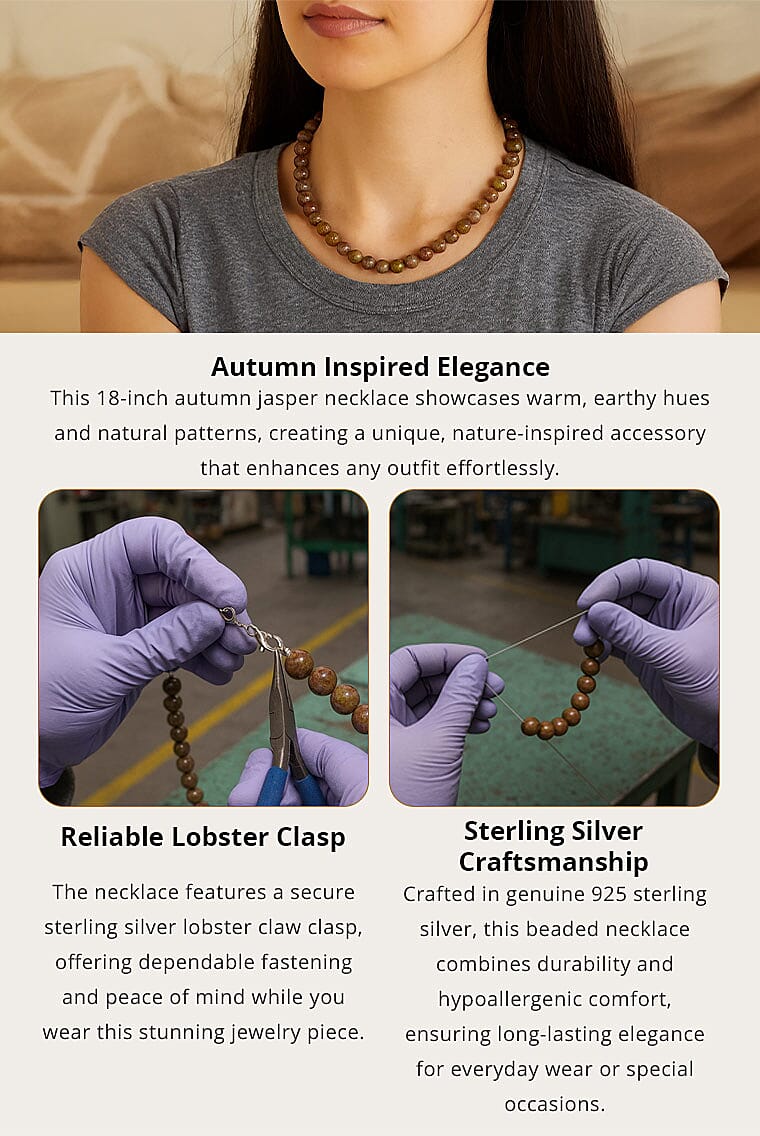 Autumn Jasper 10mm 3.00 ctw Beaded Jasper Necklace 18 Inches in Sterling Silver Banner