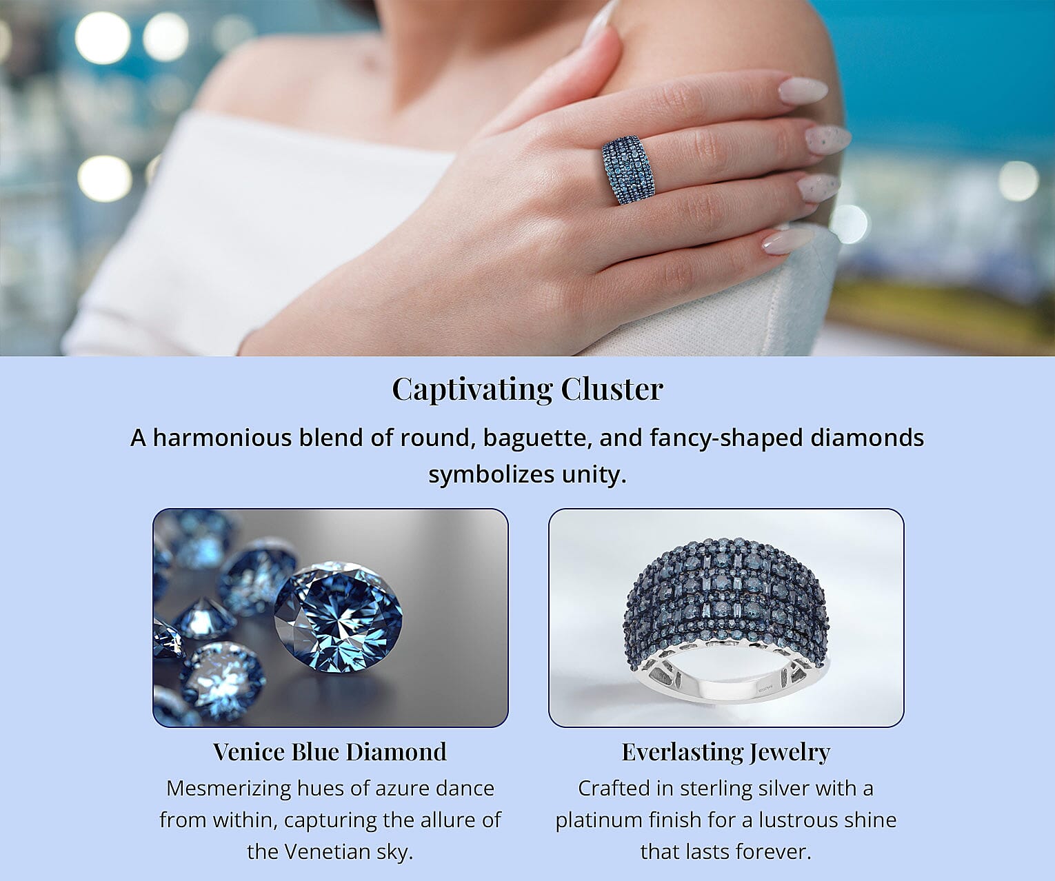 Venice Blue Diamond Cluster Ring in Platinum Over Sterling Silver Banner