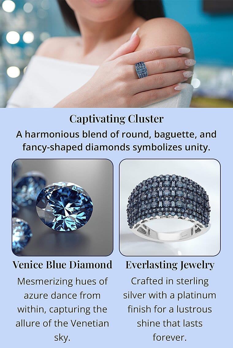 Venice Blue Diamond Cluster Ring in Platinum Over Sterling Silver Banner