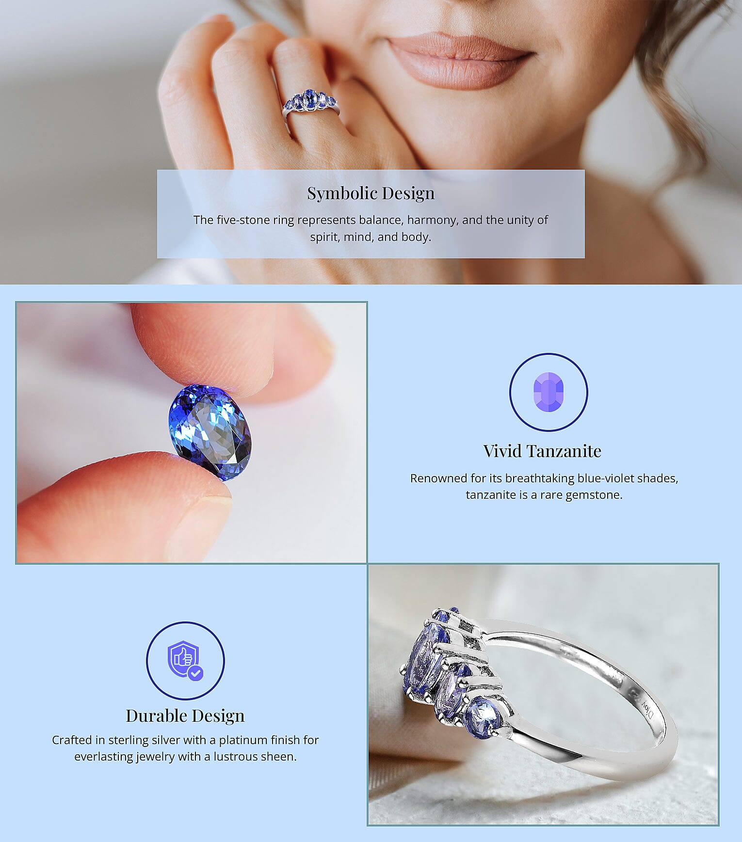 Tanzanite 5 Stone Ring in Platinum Over Sterling Silver Banner