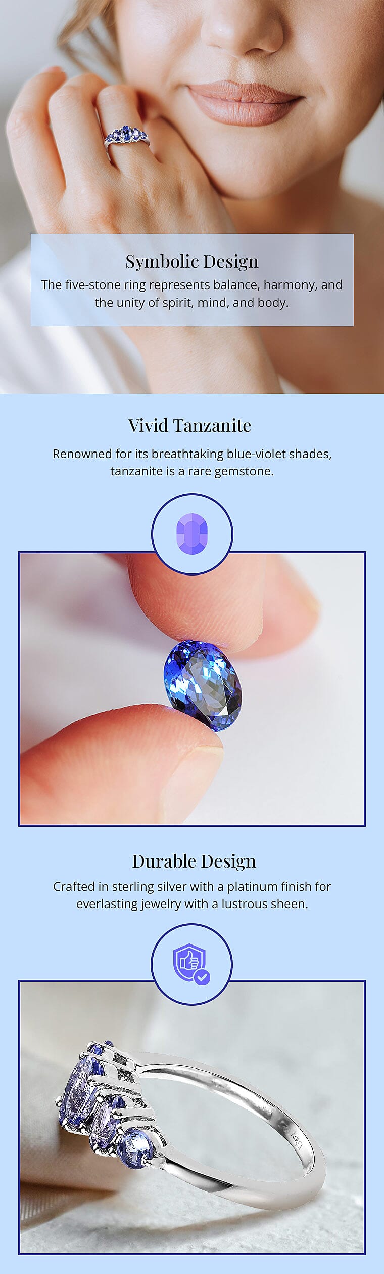 Tanzanite 5 Stone Ring in Platinum Over Sterling Silver Banner