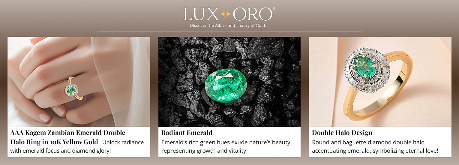 Luxoro AAA Kagem Zambian Emerald Double Halo Ring in 10K Yellow Gold Banner